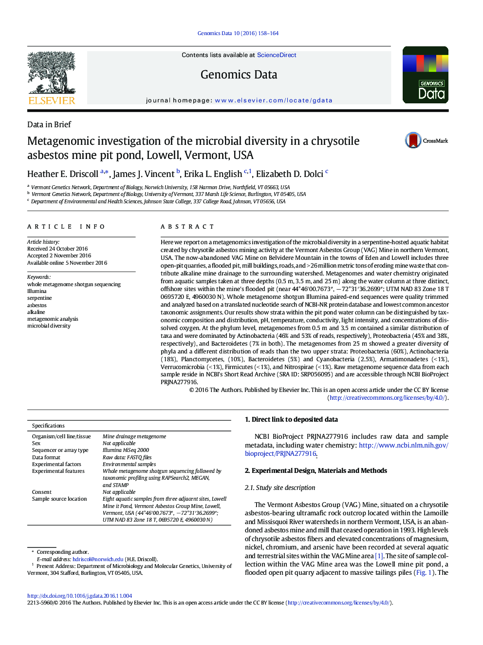 Metagenomic investigation of the microbial diversity in a chrysotile asbestos mine pit pond, Lowell, Vermont, USA