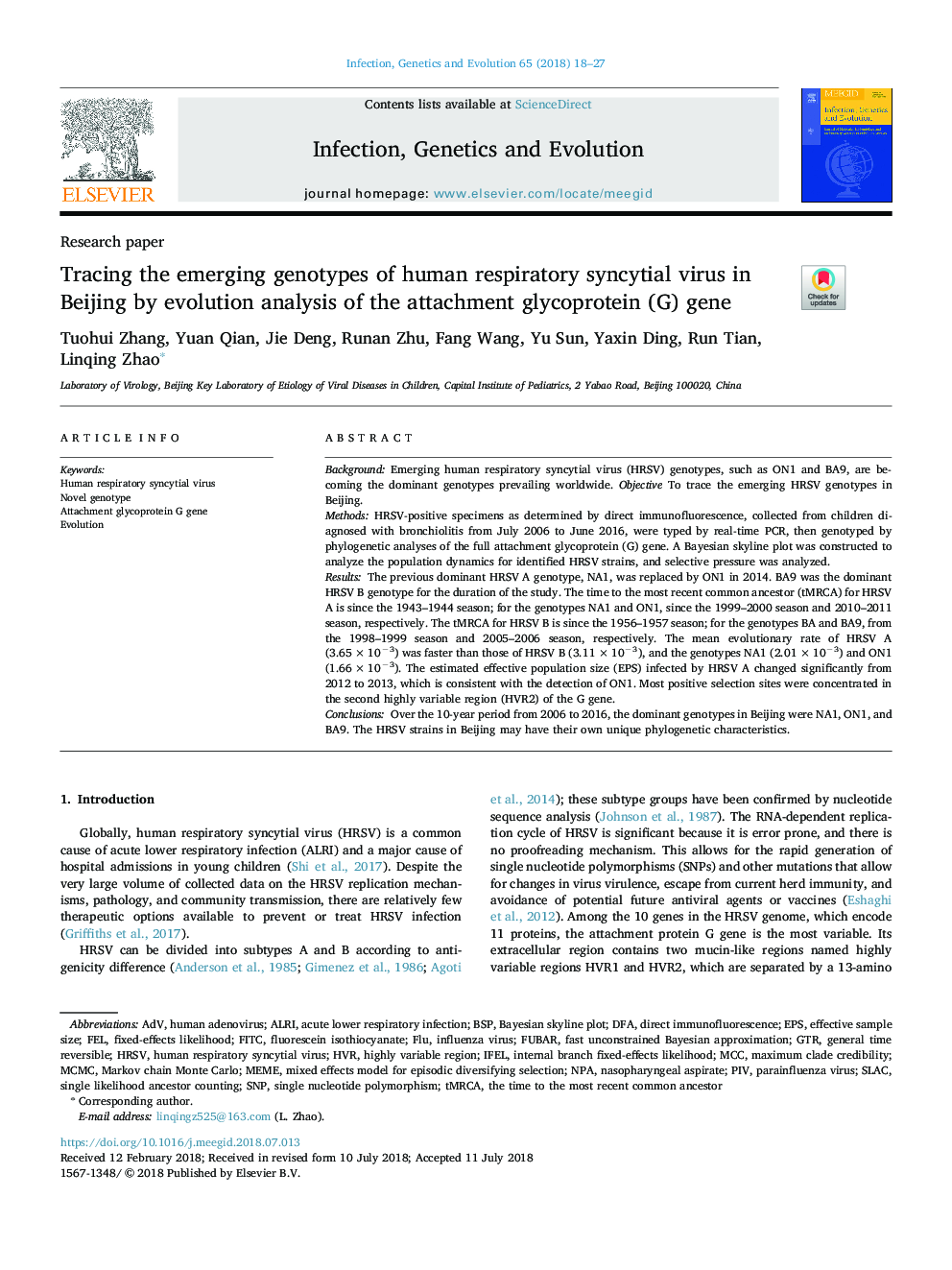 Tracing the emerging genotypes of human respiratory syncytial virus in Beijing by evolution analysis of the attachment glycoprotein (G) gene