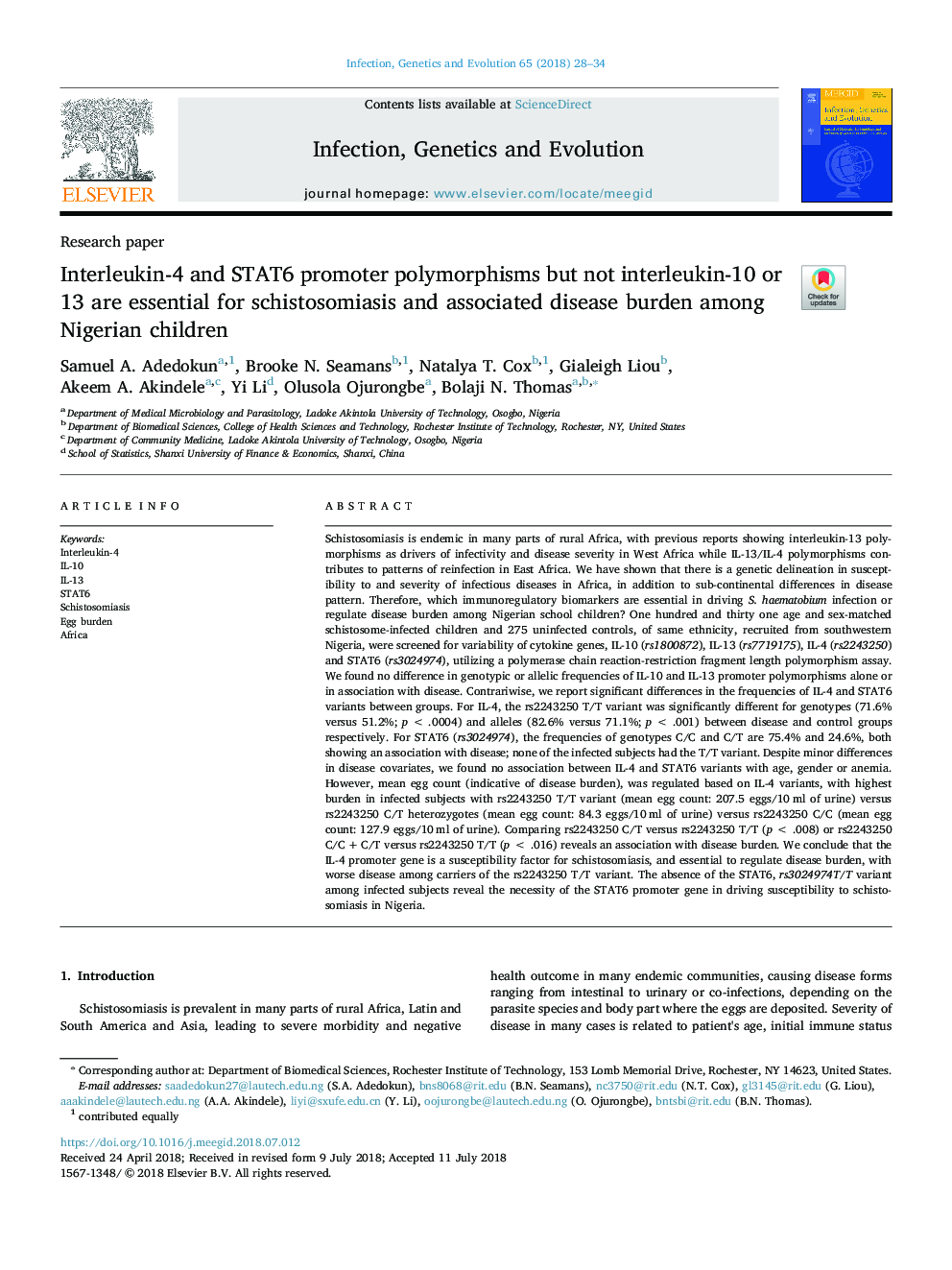 Interleukin-4 and STAT6 promoter polymorphisms but not interleukin-10 or 13 are essential for schistosomiasis and associated disease burden among Nigerian children