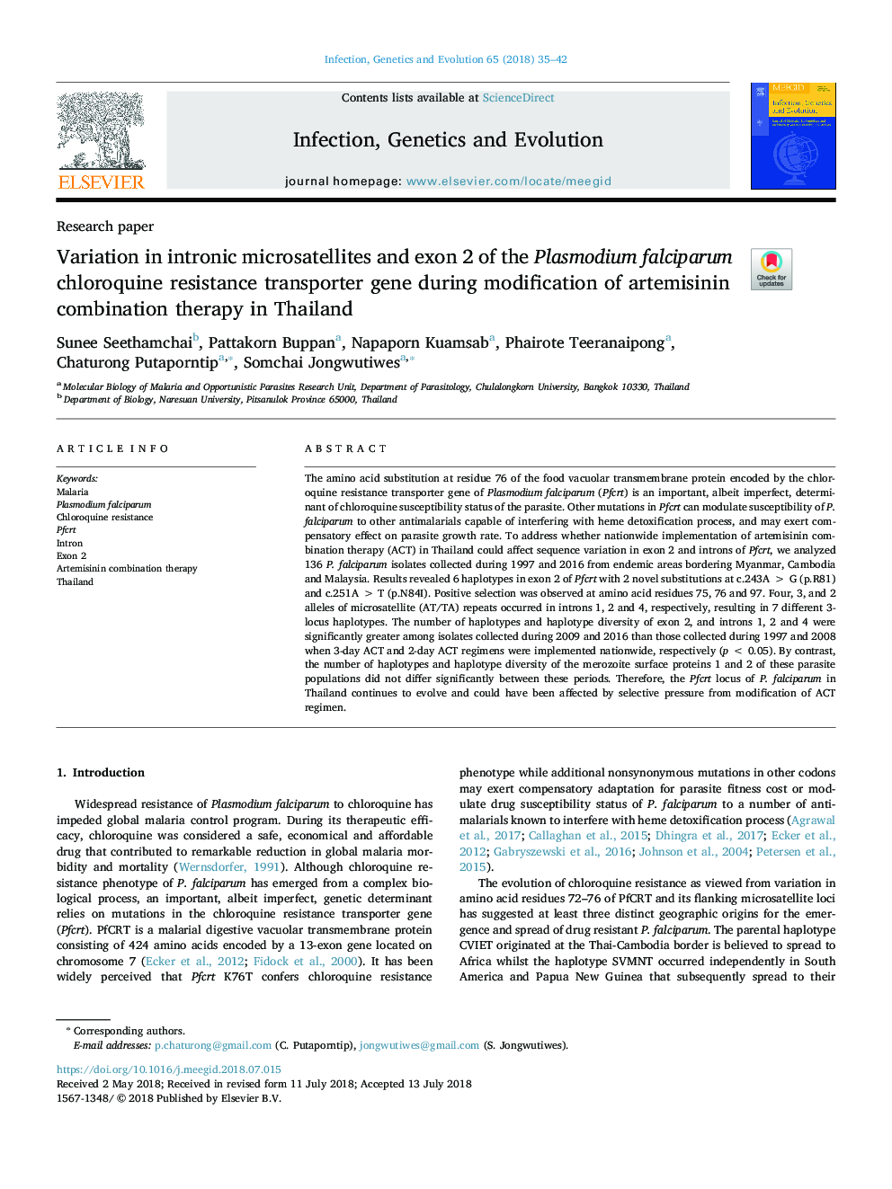 Variation in intronic microsatellites and exon 2 of the Plasmodium falciparum chloroquine resistance transporter gene during modification of artemisinin combination therapy in Thailand