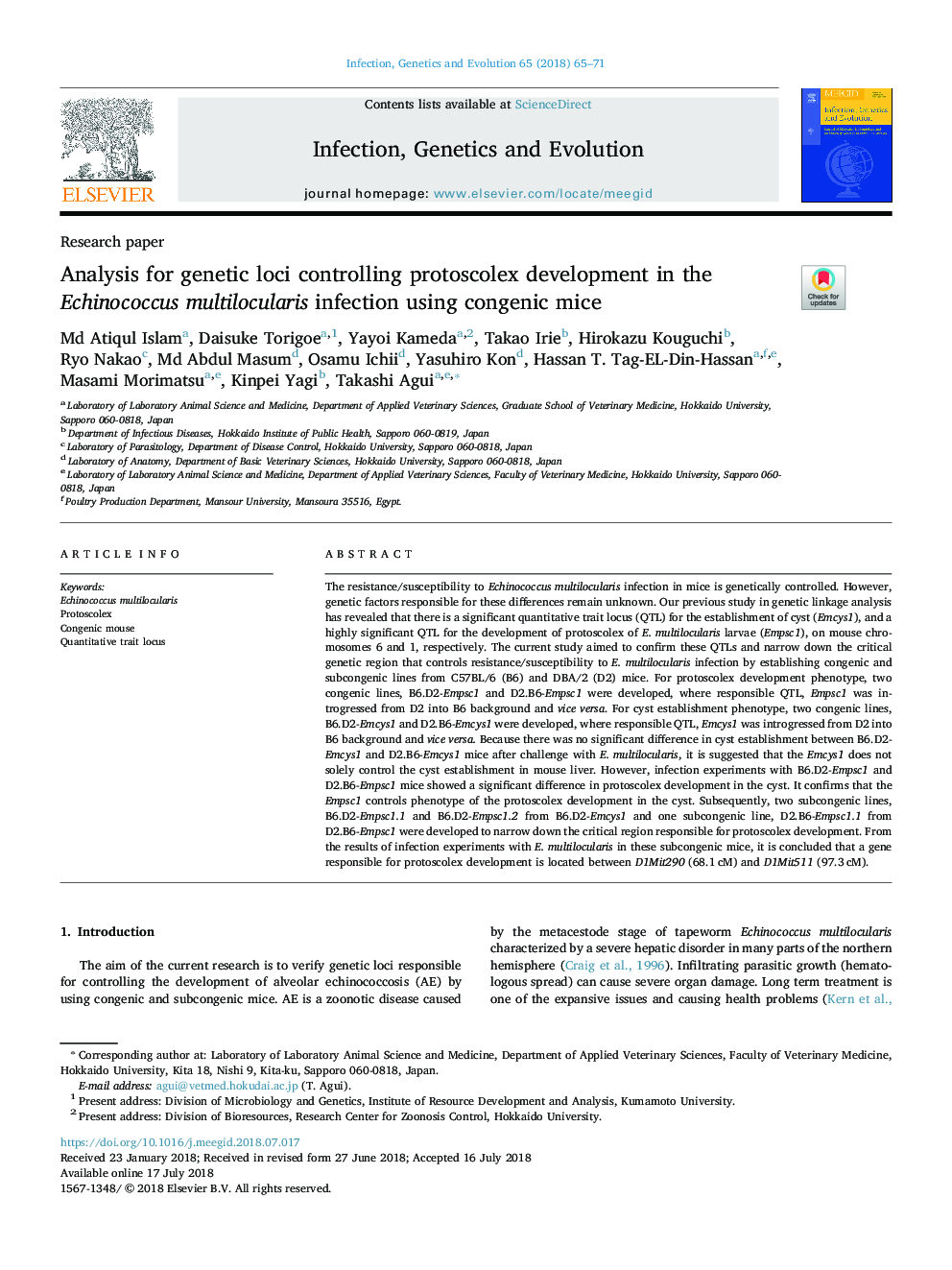 Analysis for genetic loci controlling protoscolex development in the Echinococcus multilocularis infection using congenic mice