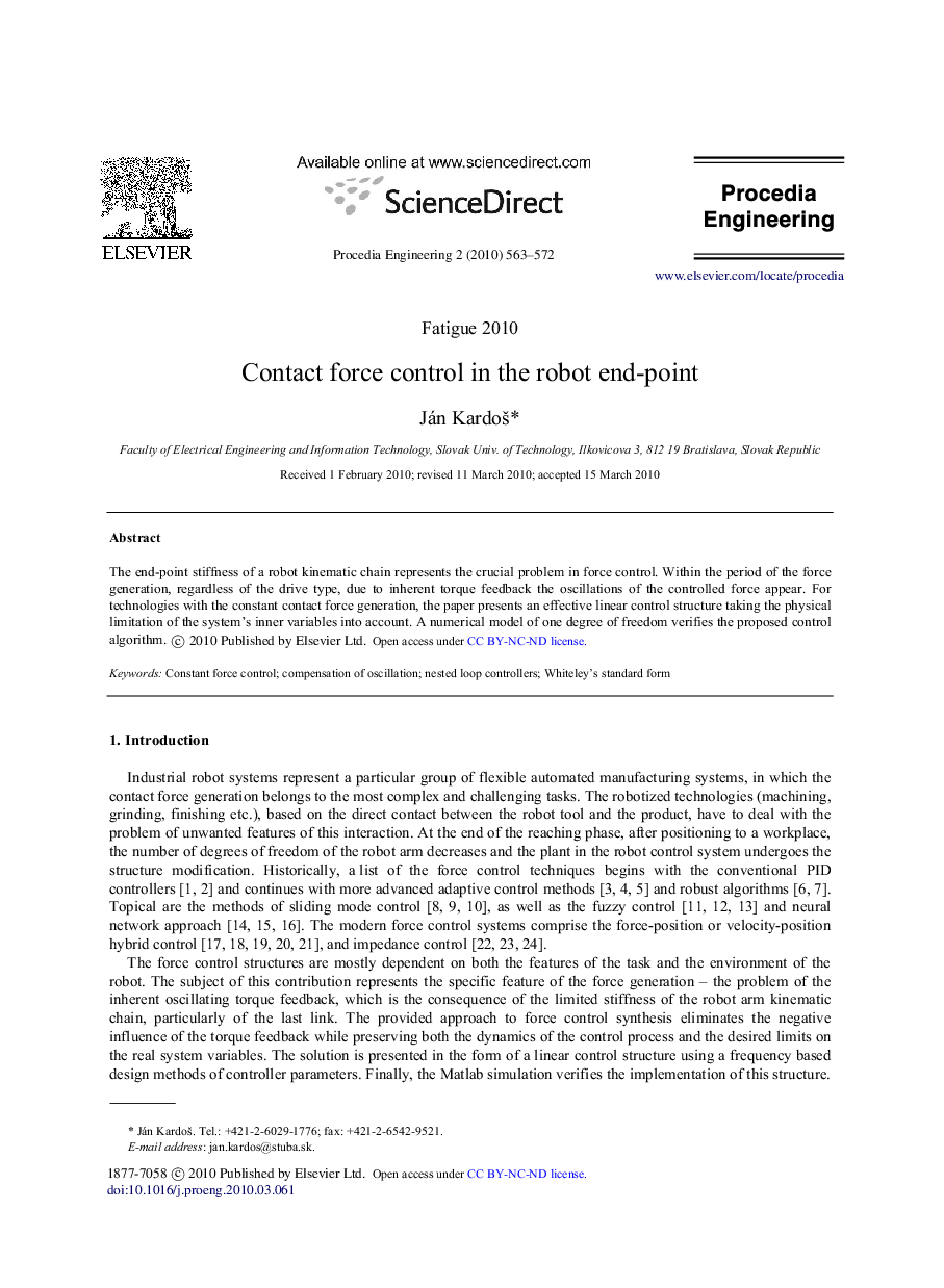 Contact force control in the robot end-point