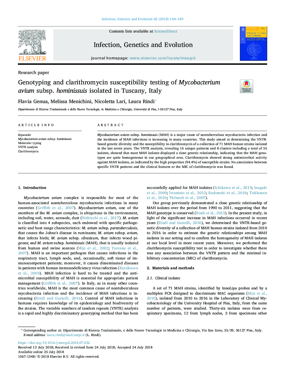 Genotyping and clarithromycin susceptibility testing of Mycobacterium avium subsp. hominissuis isolated in Tuscany, Italy