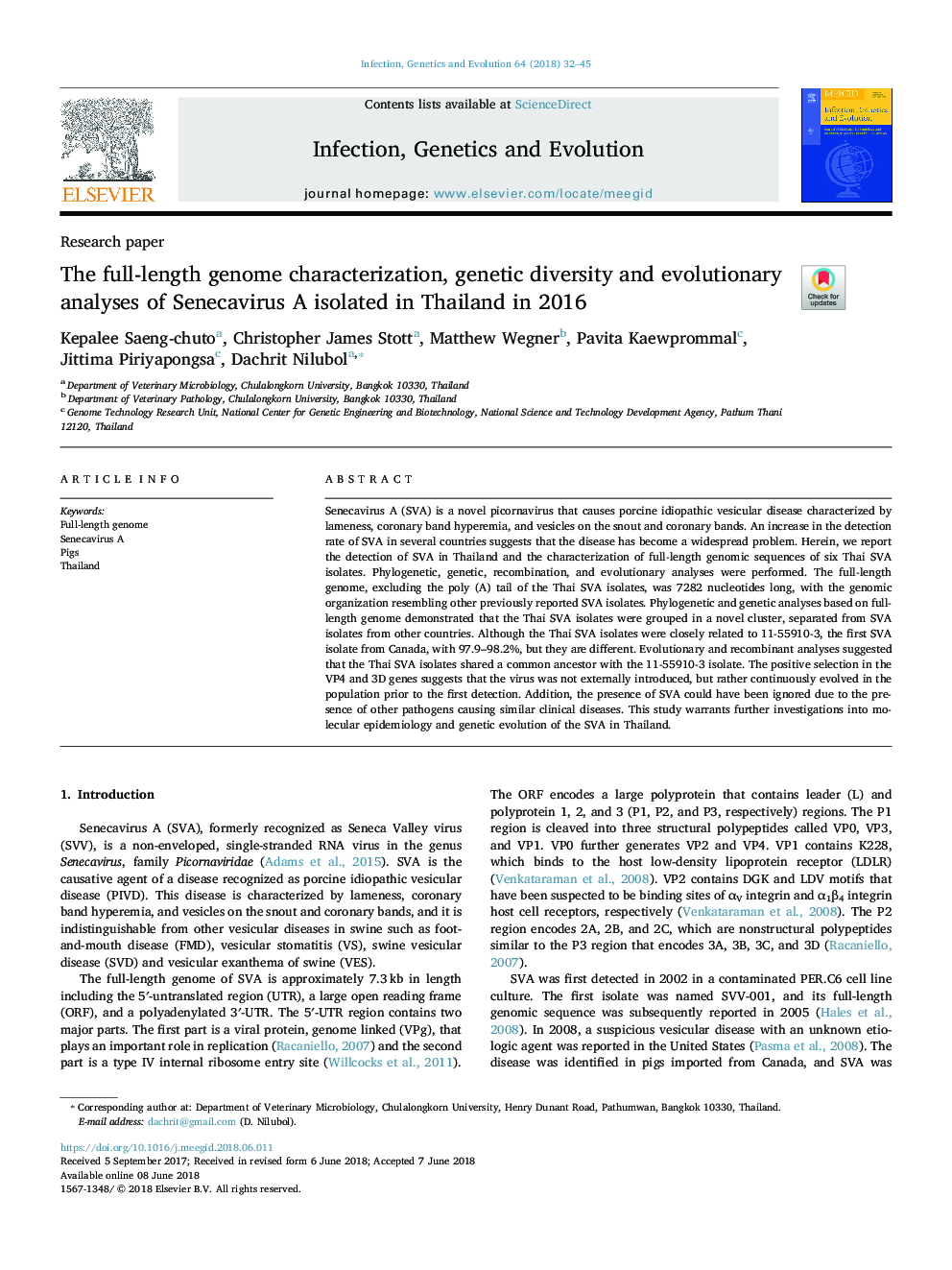 The full-length genome characterization, genetic diversity and evolutionary analyses of Senecavirus A isolated in Thailand in 2016