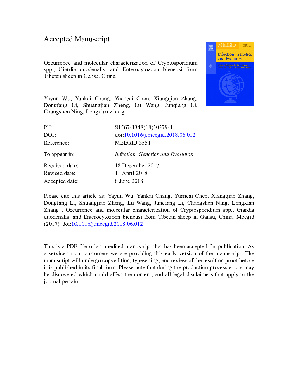 Occurrence and molecular characterization of Cryptosporidium spp., Giardia duodenalis, and Enterocytozoon bieneusi from Tibetan sheep in Gansu, China