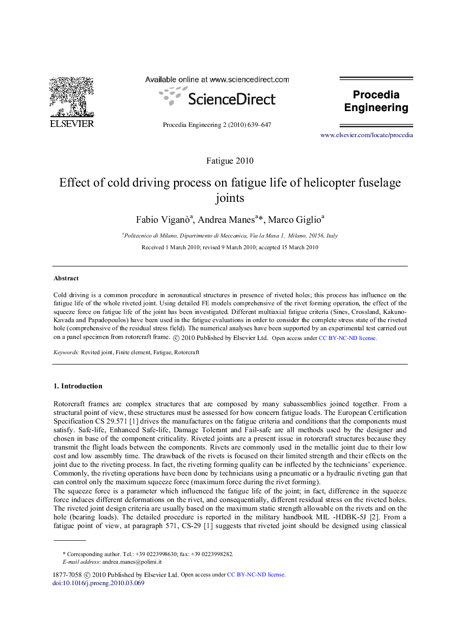 Effect of cold driving process on fatigue life of helicopter fuselage joints