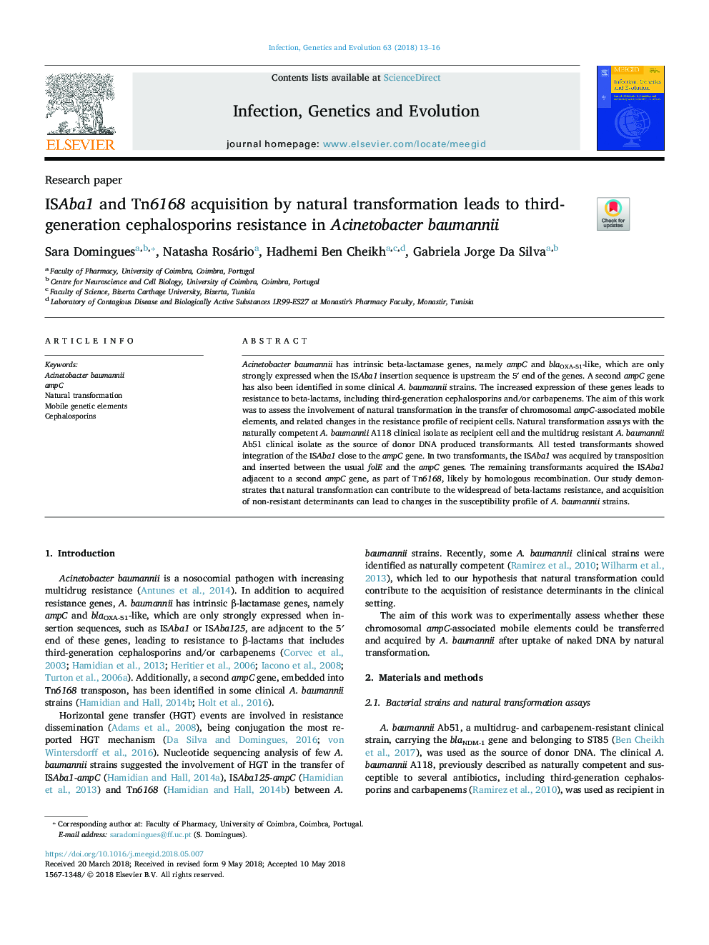 ISAba1 and Tn6168 acquisition by natural transformation leads to third-generation cephalosporins resistance in Acinetobacter baumannii