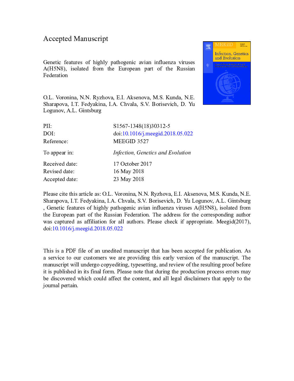 Genetic features of highly pathogenic avian influenza viruses A(H5N8), isolated from the European part of the Russian Federation