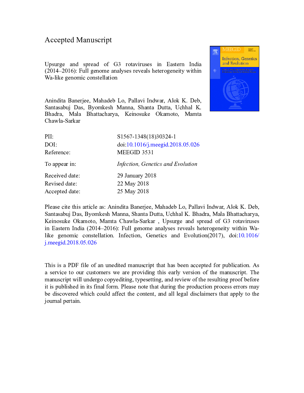 Upsurge and spread of G3 rotaviruses in Eastern India (2014-2016): Full genome analyses reveals heterogeneity within Wa-like genomic constellation