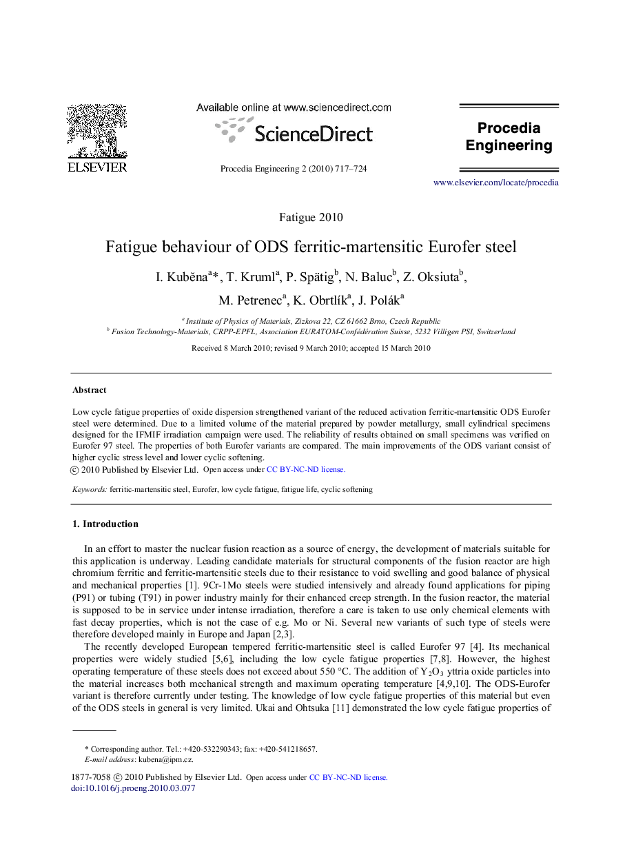 Fatigue behaviour of ODS ferritic-martensitic Eurofer steel