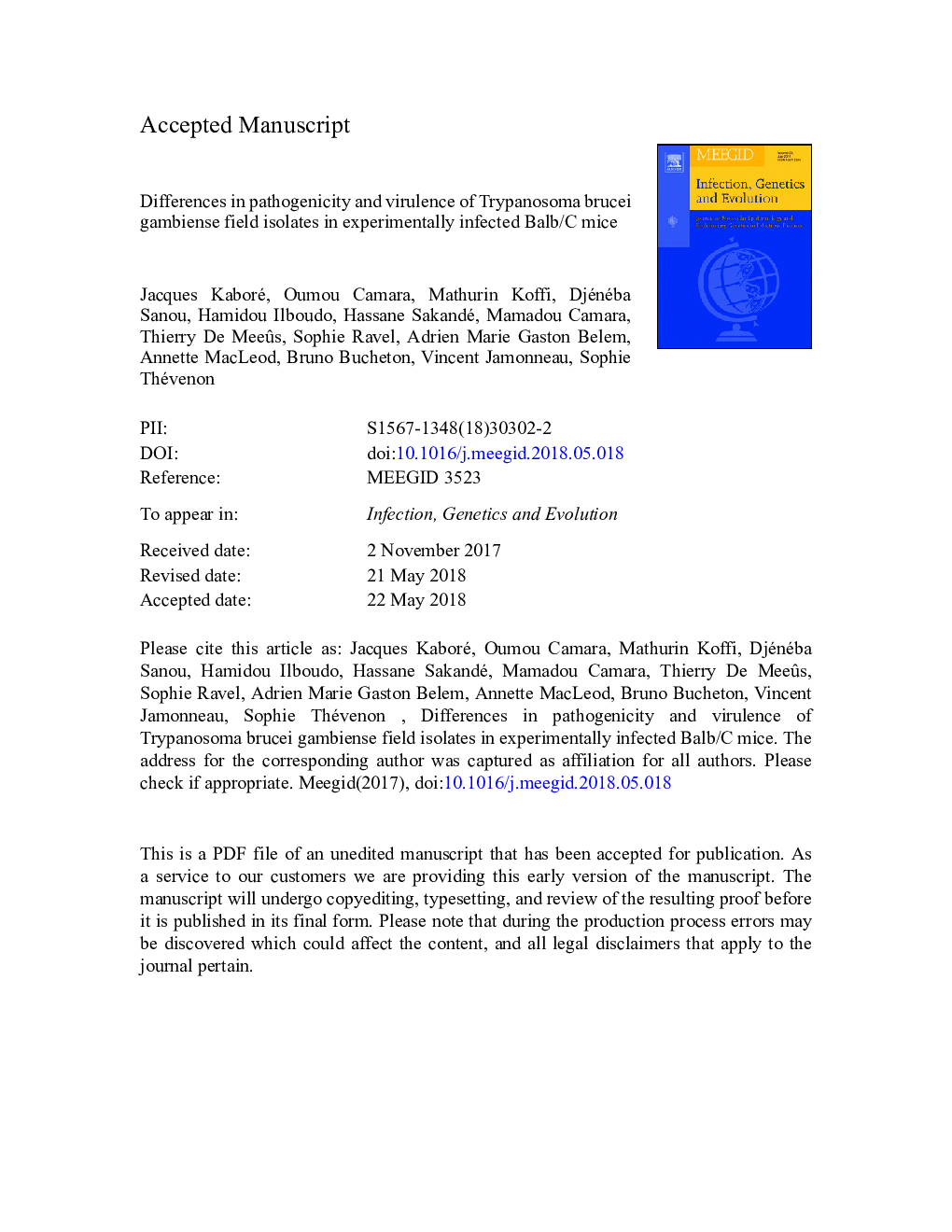 Differences in pathogenicity and virulence of Trypanosoma brucei gambiense field isolates in experimentally infected Balb/C mice