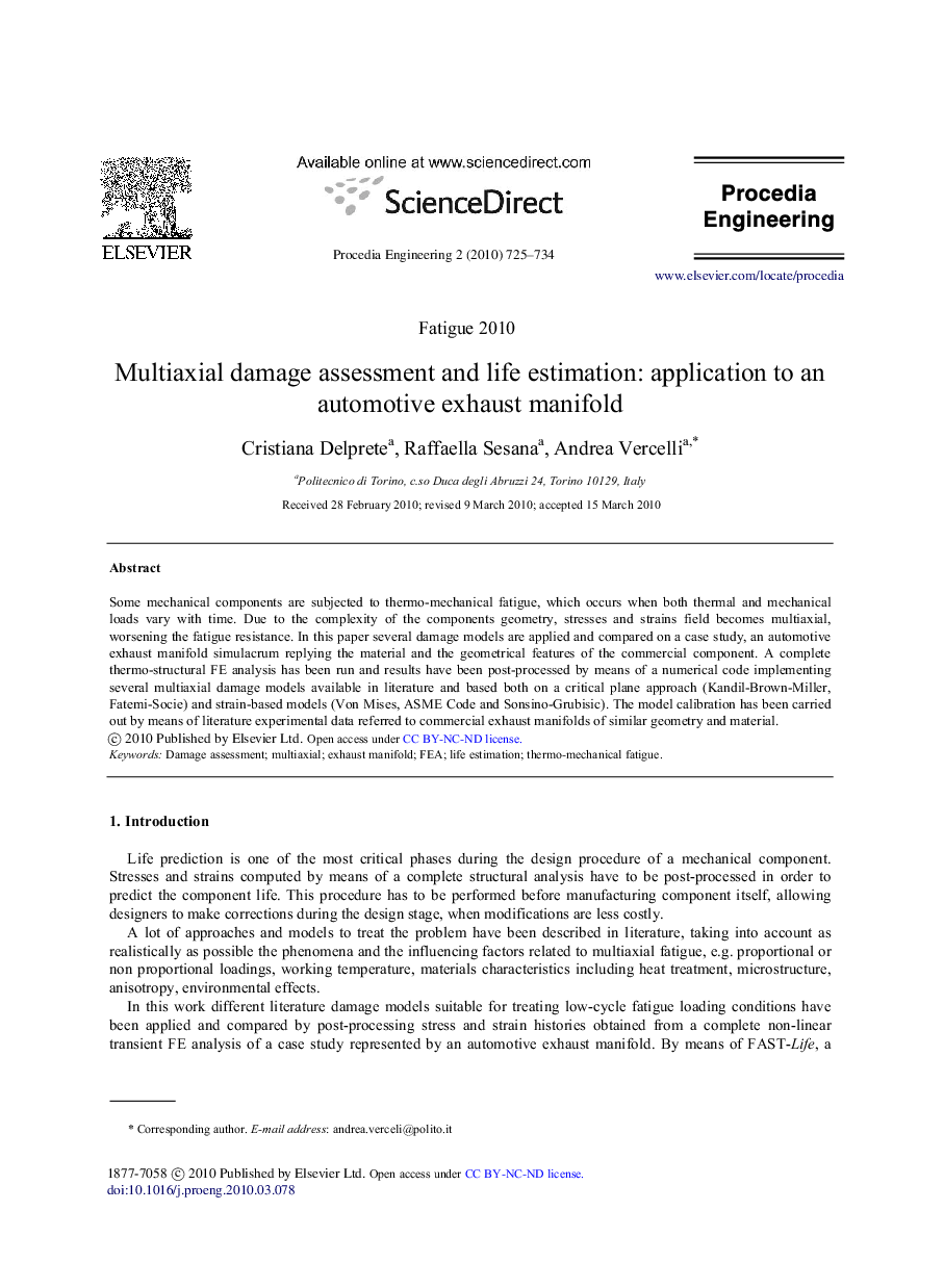 Multiaxial damage assessment and life estimation: Application to an automotive exhaust manifold