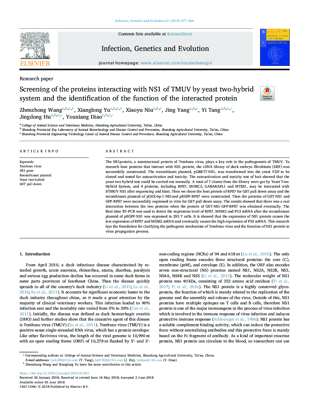 Screening of the proteins interacting with NS1 of TMUV by yeast two-hybrid system and the identification of the function of the interacted protein