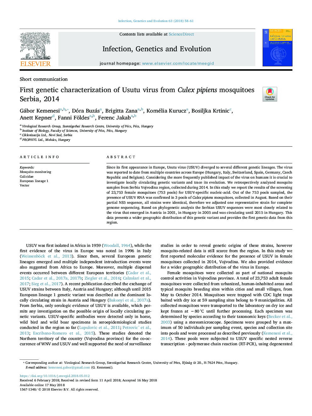 First genetic characterization of Usutu virus from Culex pipiens mosquitoes Serbia, 2014