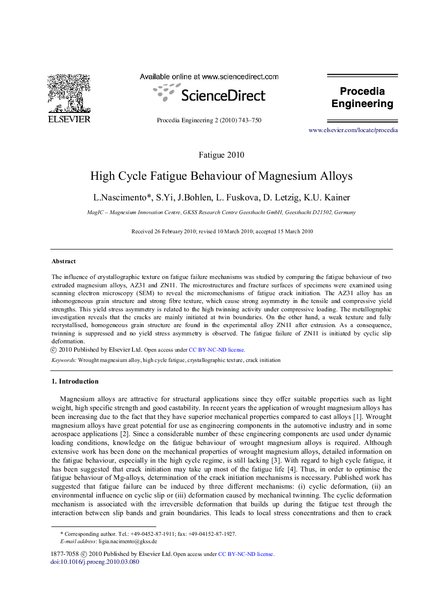 High cycle fatigue behaviour of magnesium alloys