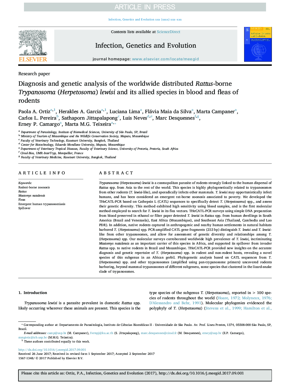 Diagnosis and genetic analysis of the worldwide distributed Rattus-borne Trypanosoma (Herpetosoma) lewisi and its allied species in blood and fleas of rodents