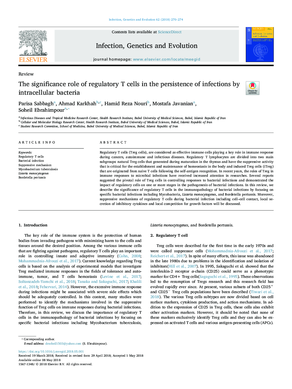 The significance role of regulatory T cells in the persistence of infections by intracellular bacteria