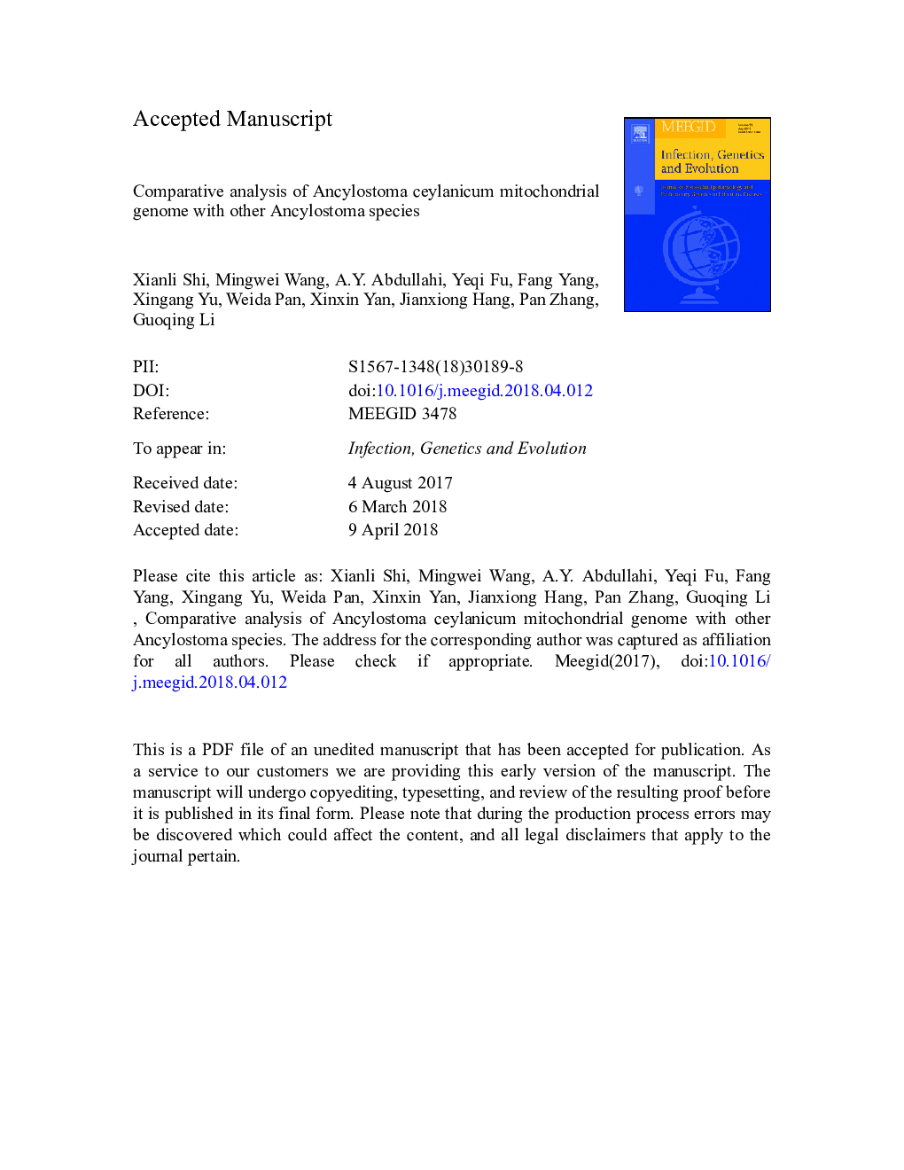 Comparative analysis of Ancylostoma ceylanicum mitochondrial genome with other Ancylostoma species