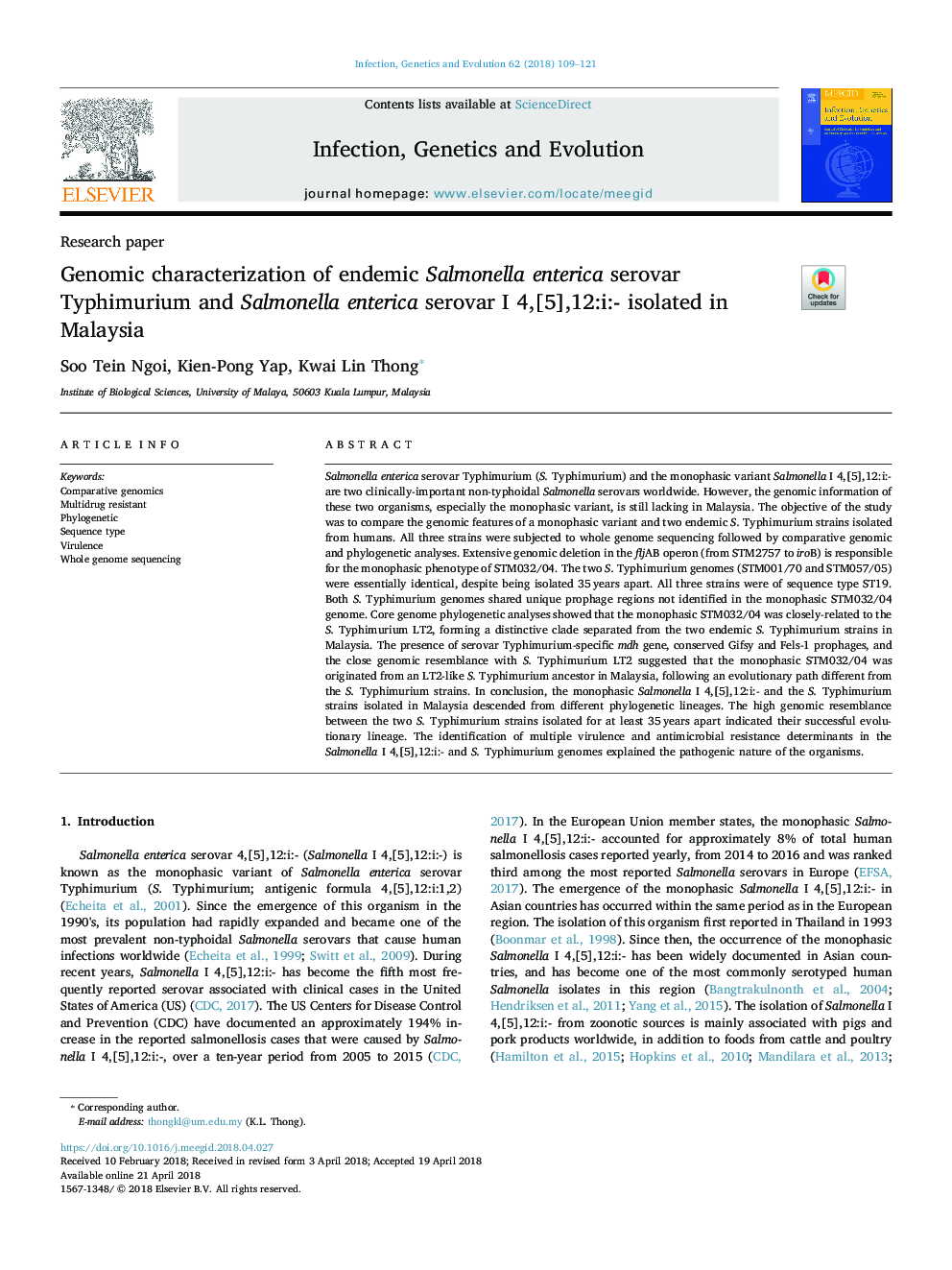 Genomic characterization of endemic Salmonella enterica serovar Typhimurium and Salmonella enterica serovar I 4,[5],12:i:- isolated in Malaysia