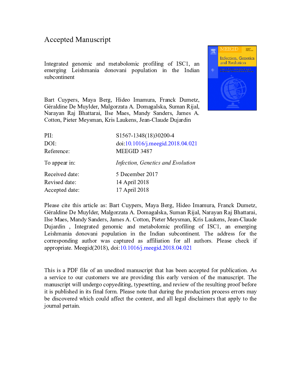 Integrated genomic and metabolomic profiling of ISC1, an emerging Leishmania donovani population in the Indian subcontinent