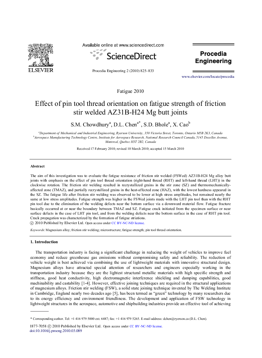 Effect of pin tool thread orientation on fatigue strength of friction stir welded AZ31B-H24 Mg butt joints