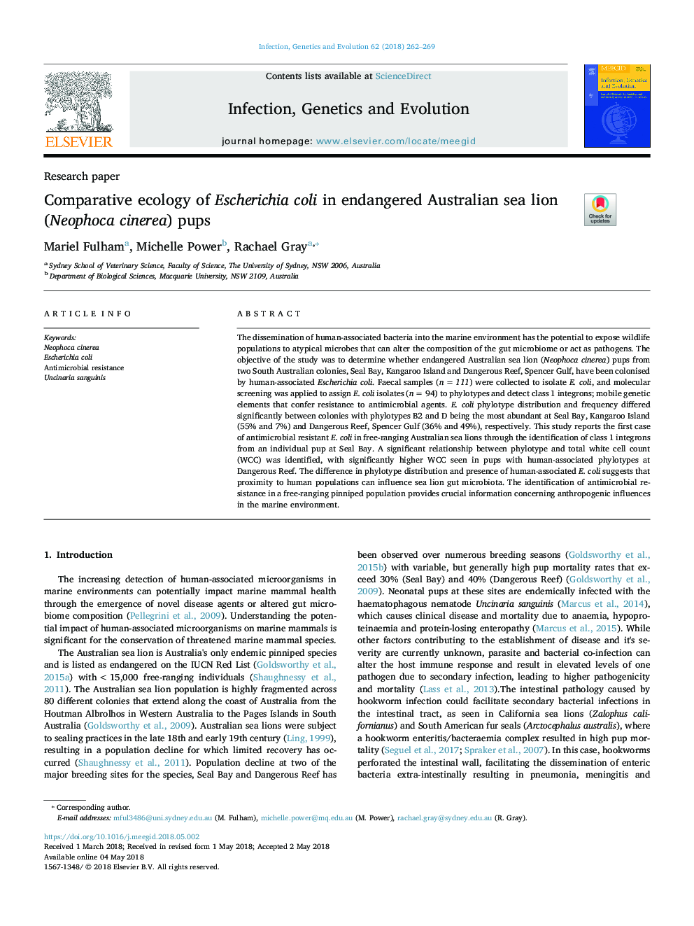 عکس صفحه اول مقاله: Comparative ecology of Escherichia coli in endangered Australian sea lion (Neophoca cinerea) pups Comparative ecology of Escherichia coli in endangered Australian sea lion (Neophoca cinerea) pups