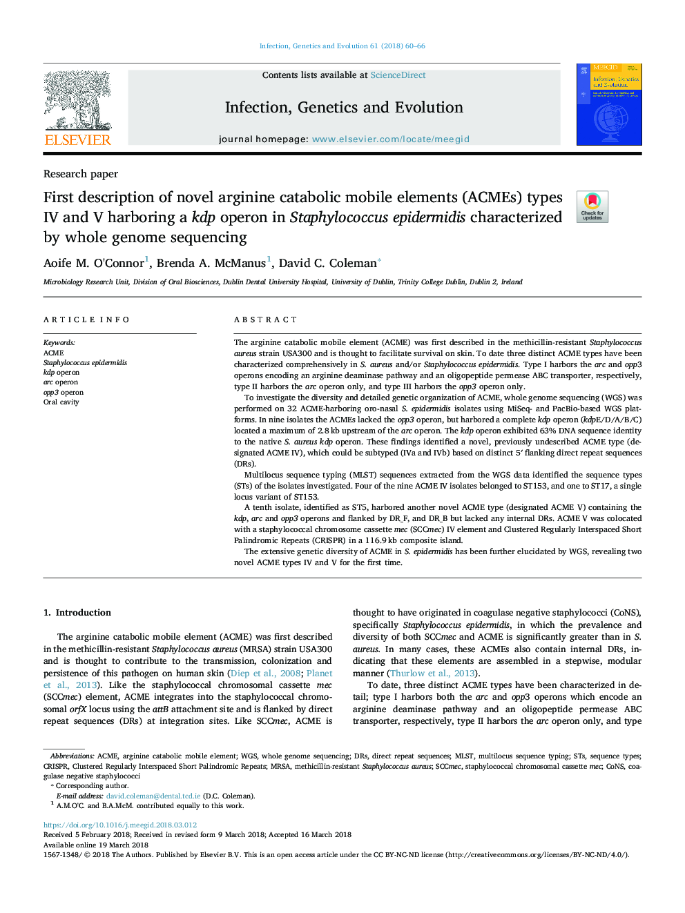 First description of novel arginine catabolic mobile elements (ACMEs) types IV and V harboring a kdp operon in Staphylococcus epidermidis characterized by whole genome sequencing