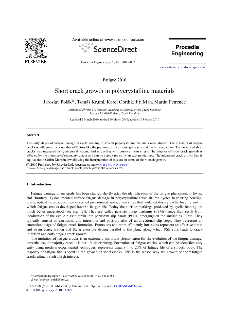 Short crack growth in polycrystalline materials