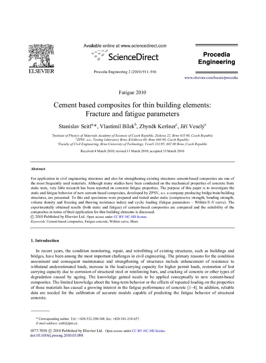Cement based composites for thin building elements: Fracture and fatigue parameters