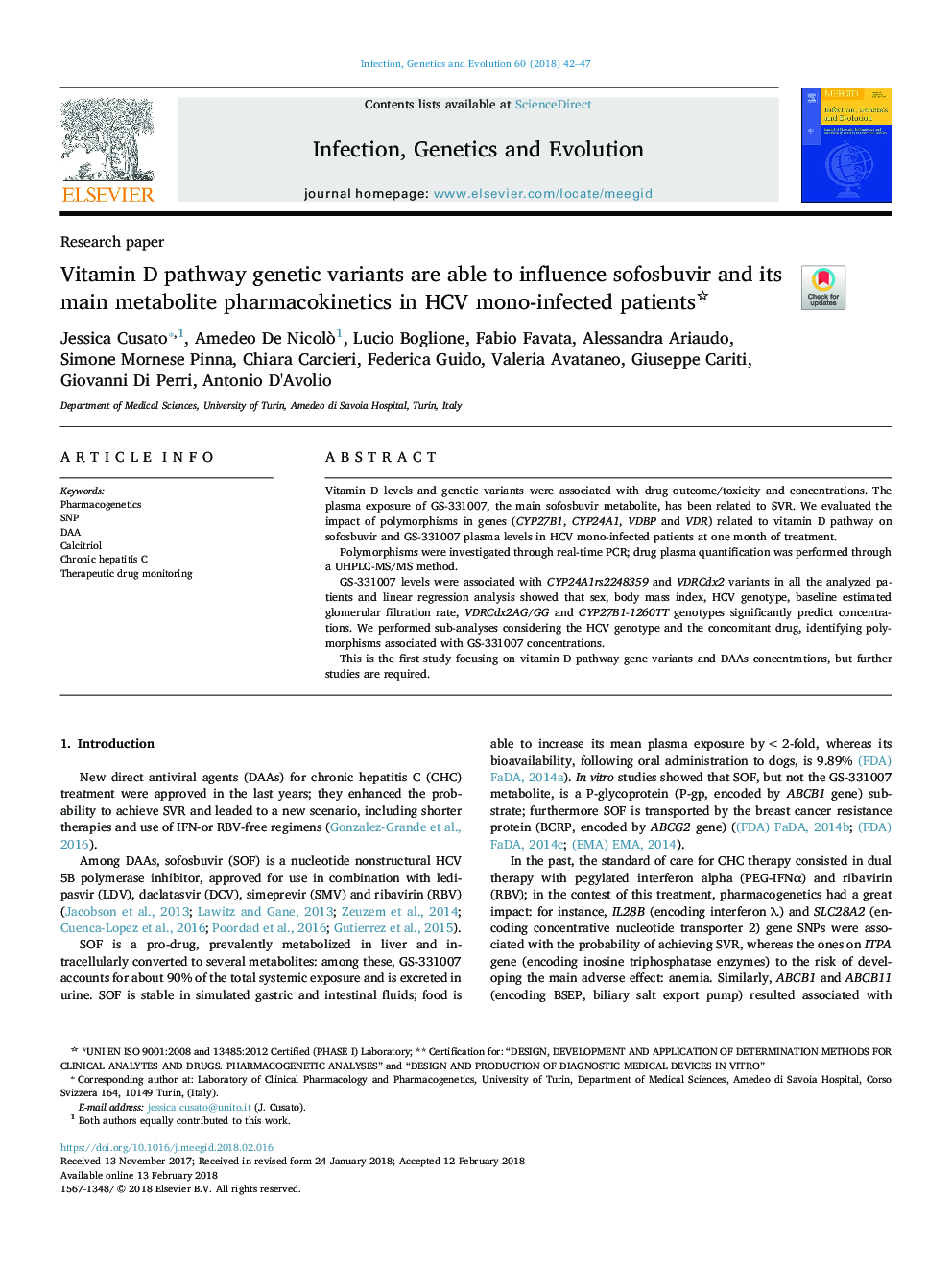 Vitamin D pathway genetic variants are able to influence sofosbuvir and its main metabolite pharmacokinetics in HCV mono-infected patients