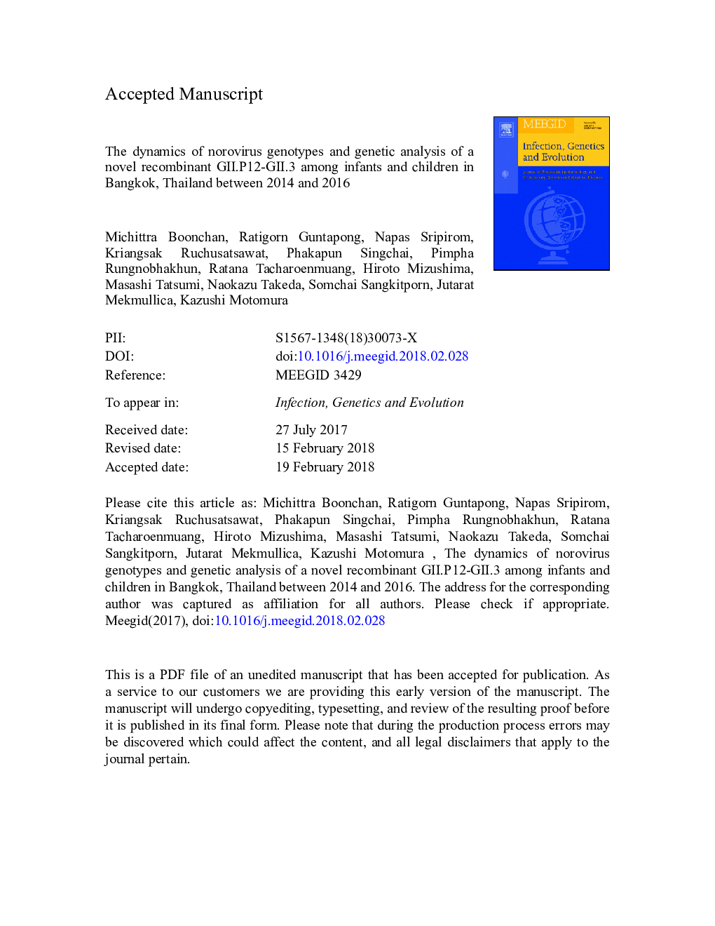 The dynamics of norovirus genotypes and genetic analysis of a novel recombinant GII.P12-GII.3 among infants and children in Bangkok, Thailand between 2014 and 2016