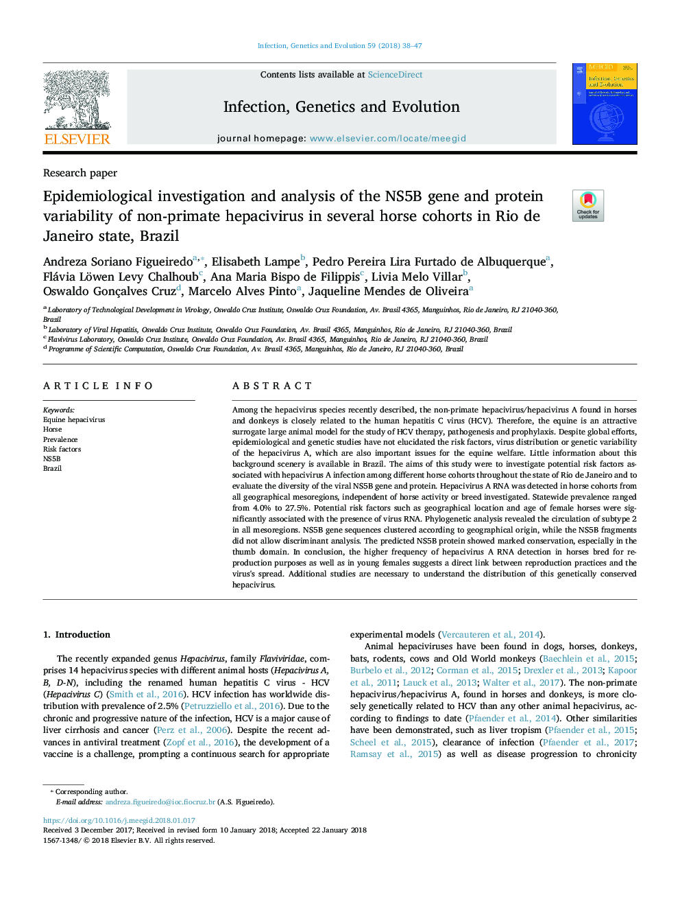 Epidemiological investigation and analysis of the NS5B gene and protein variability of non-primate hepacivirus in several horse cohorts in Rio de Janeiro state, Brazil