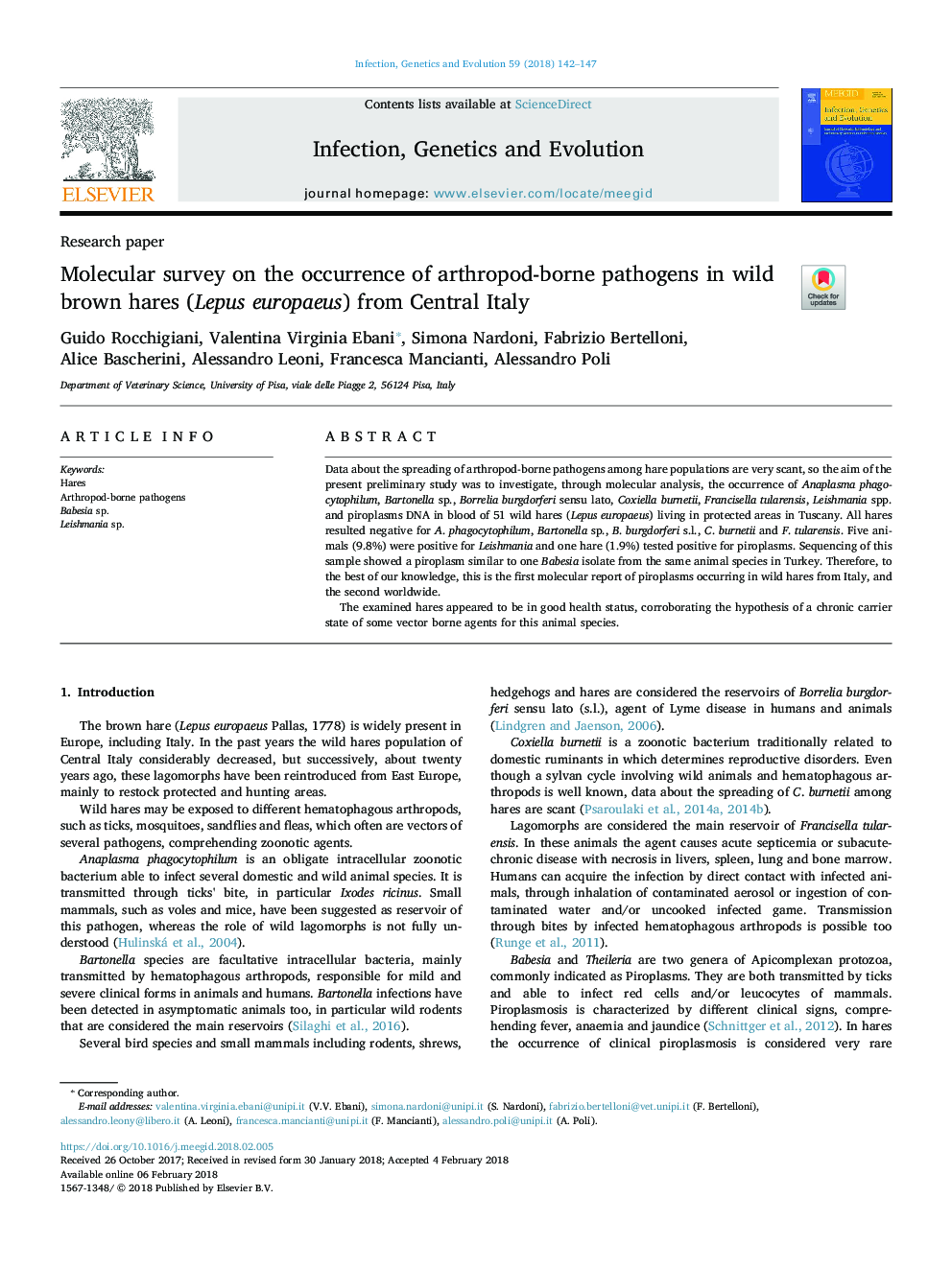 Molecular survey on the occurrence of arthropod-borne pathogens in wild brown hares (Lepus europaeus) from Central Italy