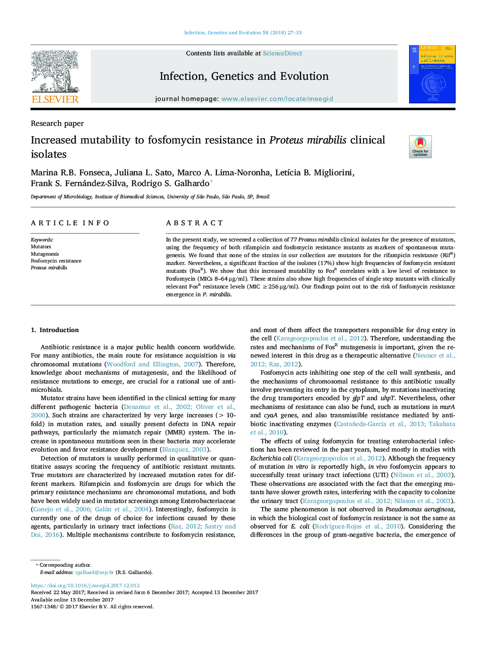 Increased mutability to fosfomycin resistance in Proteus mirabilis clinical isolates