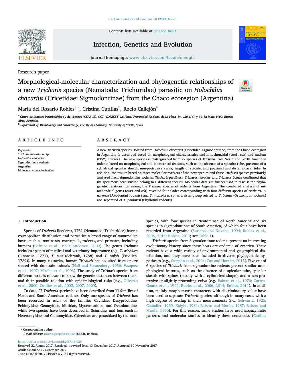 Morphological-molecular characterization and phylogenetic relationships of a new Trichuris species (Nematoda: Trichuridae) parasitic on Holochilus chacarius (Cricetidae: Sigmodontinae) from the Chaco ecoregion (Argentina)