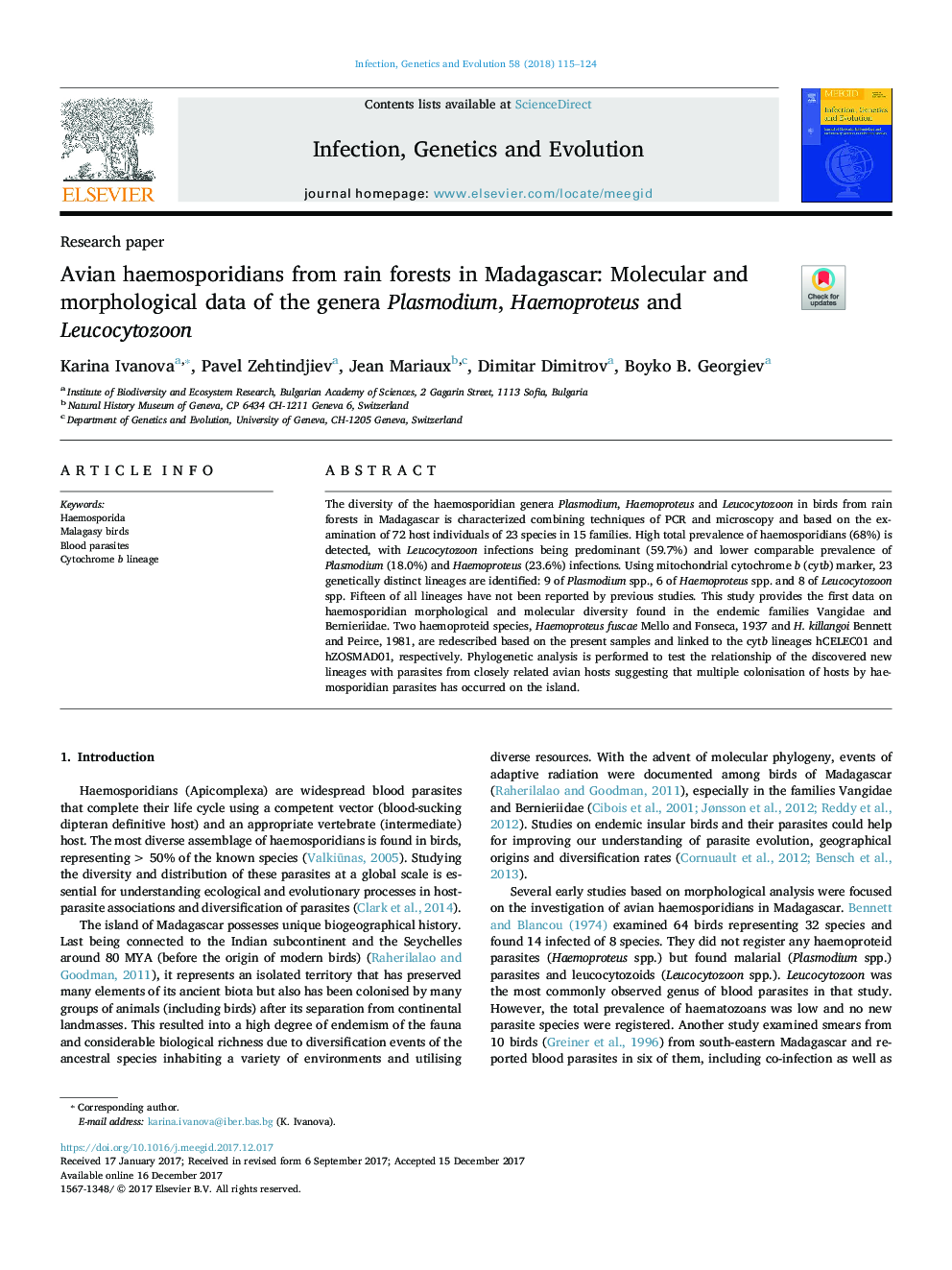 Avian haemosporidians from rain forests in Madagascar: Molecular and morphological data of the genera Plasmodium, Haemoproteus and Leucocytozoon