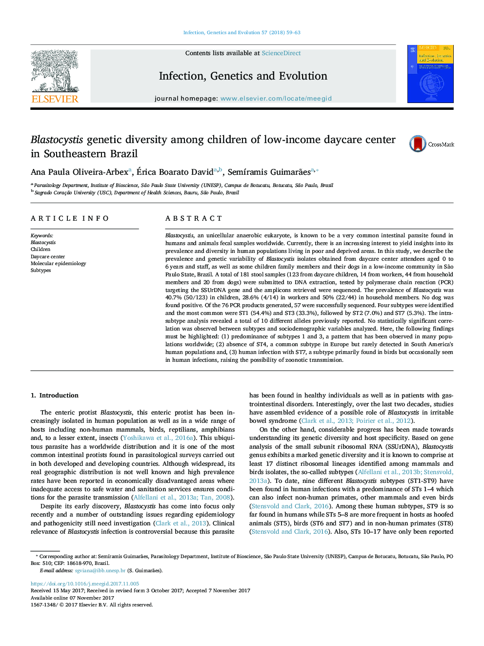 تنوع ژنتیکی بلستوسیتی در میان کودکان کم درآمد مرکز نگهداری روزانه در جنوب شرقی برزیل 