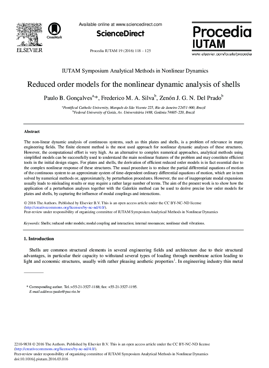 Reduced Order Models for the Nonlinear Dynamic Analysis of Shells 