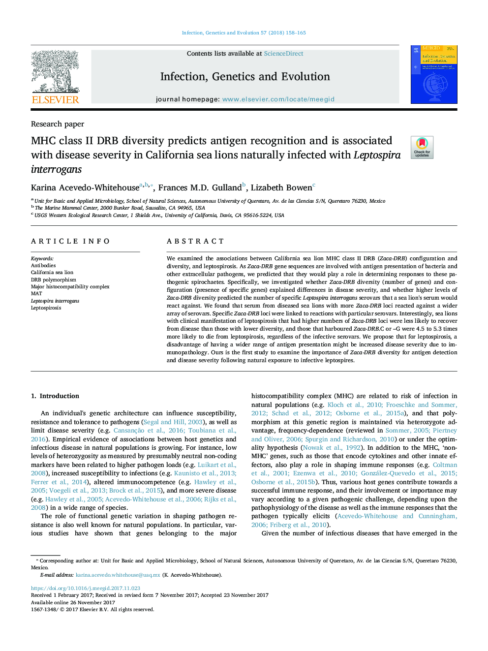 MHC class II DRB diversity predicts antigen recognition and is associated with disease severity in California sea lions naturally infected with Leptospira interrogans