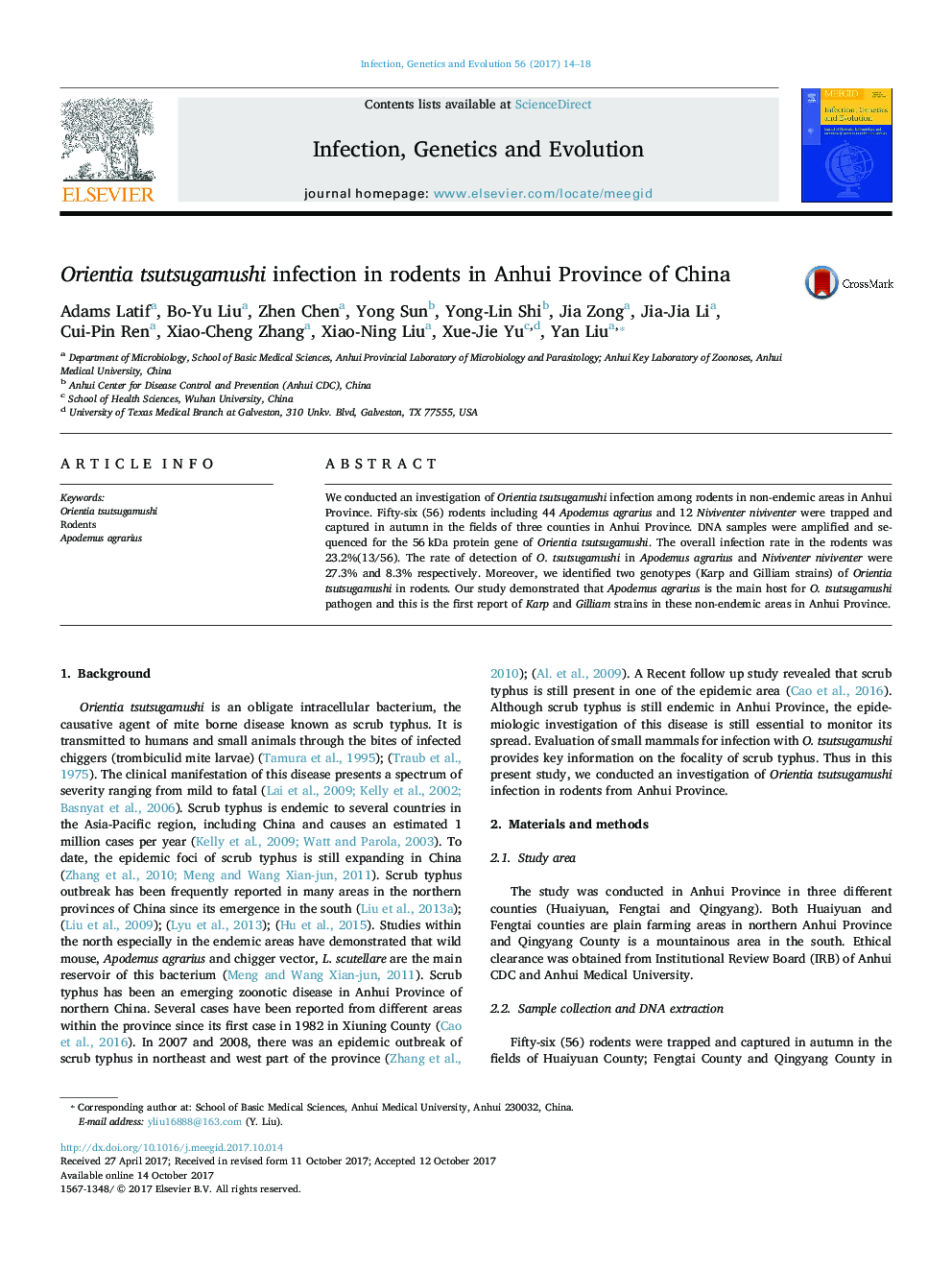 Orientia tsutsugamushi infection in rodents in Anhui Province of China