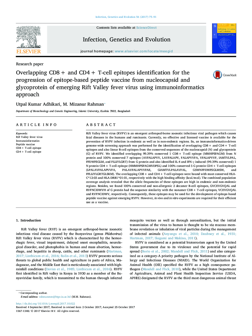 Overlapping CD8Â + and CD4Â + T-cell epitopes identification for the progression of epitope-based peptide vaccine from nucleocapsid and glycoprotein of emerging Rift Valley fever virus using immunoinformatics approach