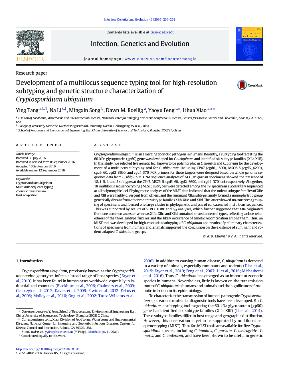 Development of a multilocus sequence typing tool for high-resolution subtyping and genetic structure characterization of Cryptosporidium ubiquitum