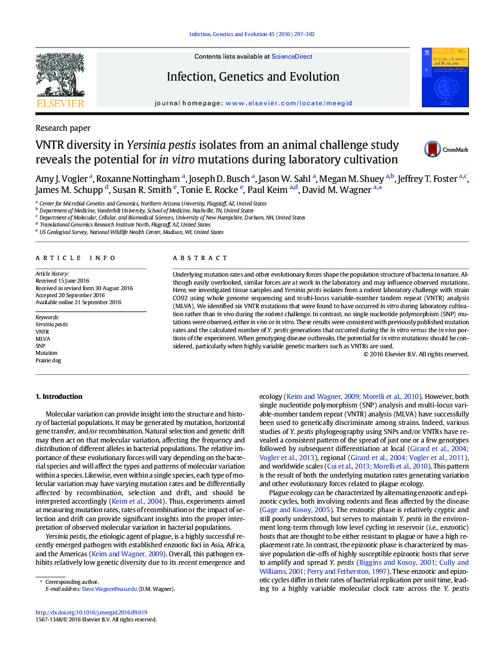 VNTR diversity in Yersinia pestis isolates from an animal challenge study reveals the potential for in vitro mutations during laboratory cultivation