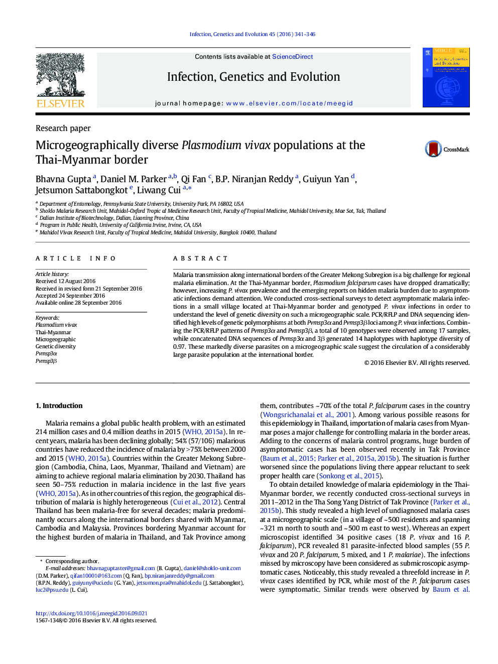 Microgeographically diverse Plasmodium vivax populations at the Thai-Myanmar border