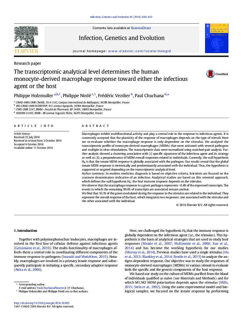 The transcriptomic analytical level determines the human monocyte-derived macrophage response toward either the infectious agent or the host