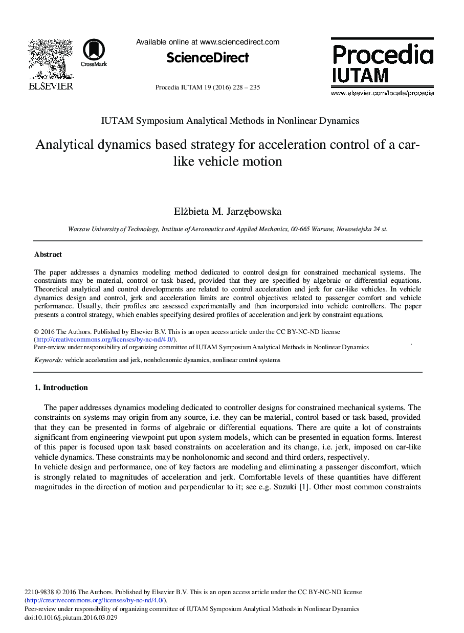 Analytical Dynamics Based Strategy for Acceleration Control of a Car-like Vehicle Motion 