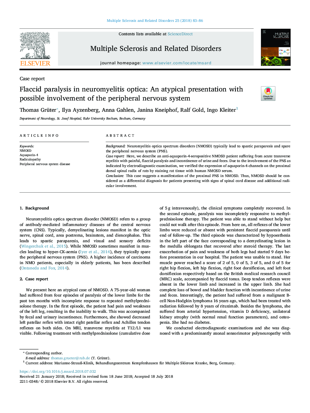 Flaccid paralysis in neuromyelitis optica: An atypical presentation with possible involvement of the peripheral nervous system