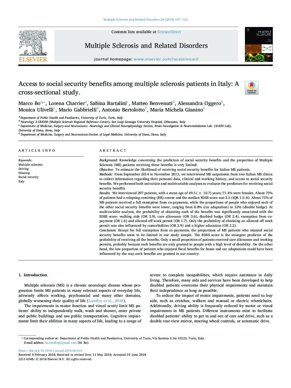 Access to social security benefits among multiple sclerosis patients in Italy: A cross-sectional study.