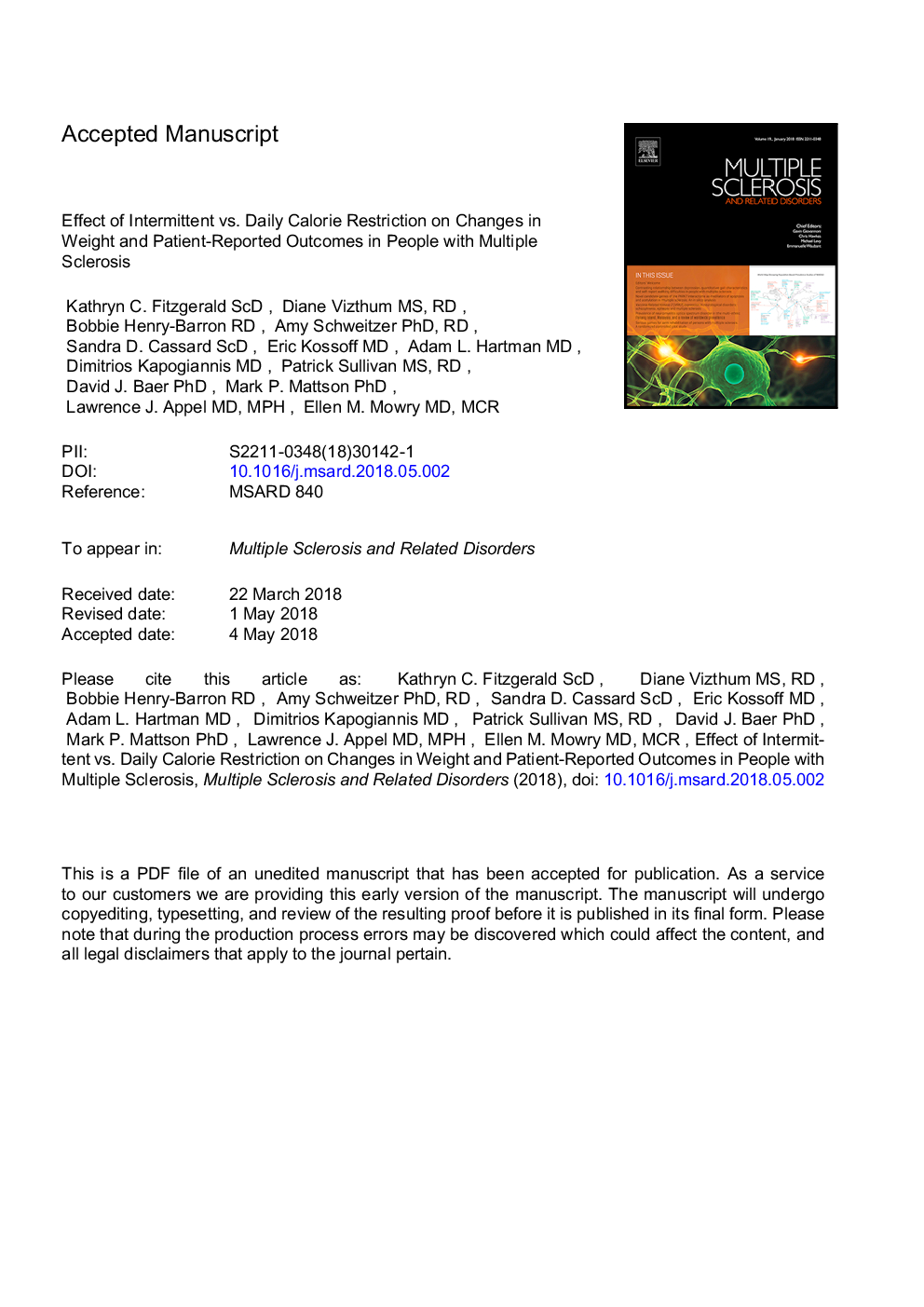 Effect of intermittent vs. daily calorie restriction on changes in weight and patient-reported outcomes in people with multiple sclerosis