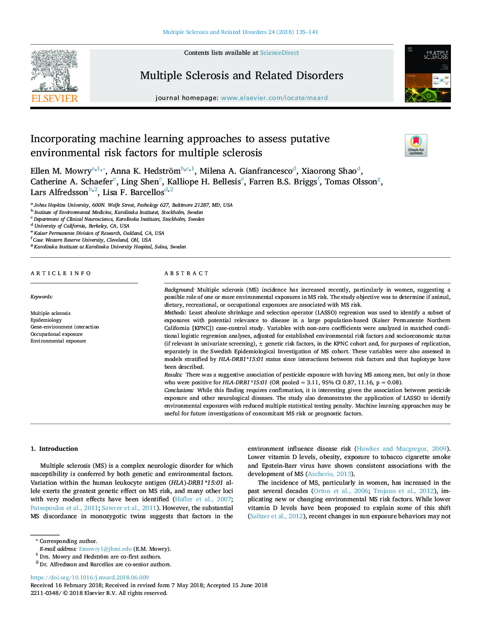 Incorporating machine learning approaches to assess putative environmental risk factors for multiple sclerosis